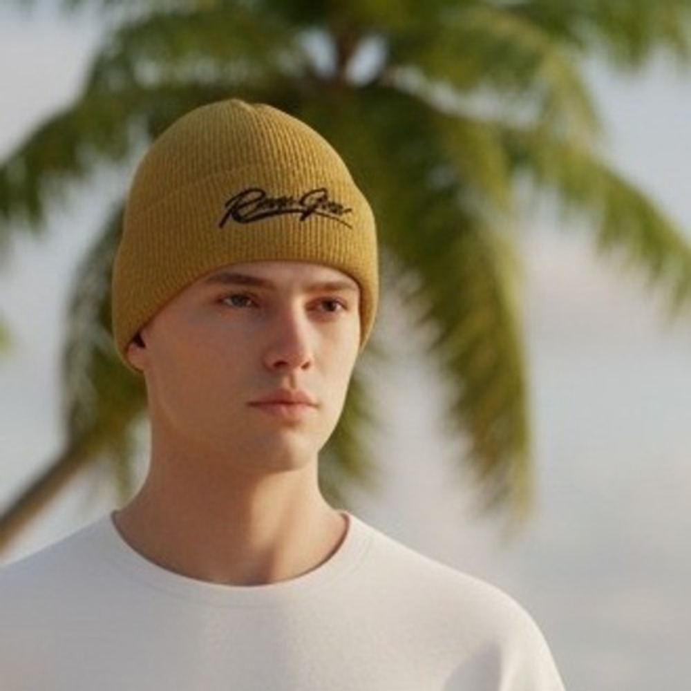 Raw Gear‎ Beanie Hat Mustard Yellow Embroidered Logo Winter Warm Cuff Cap